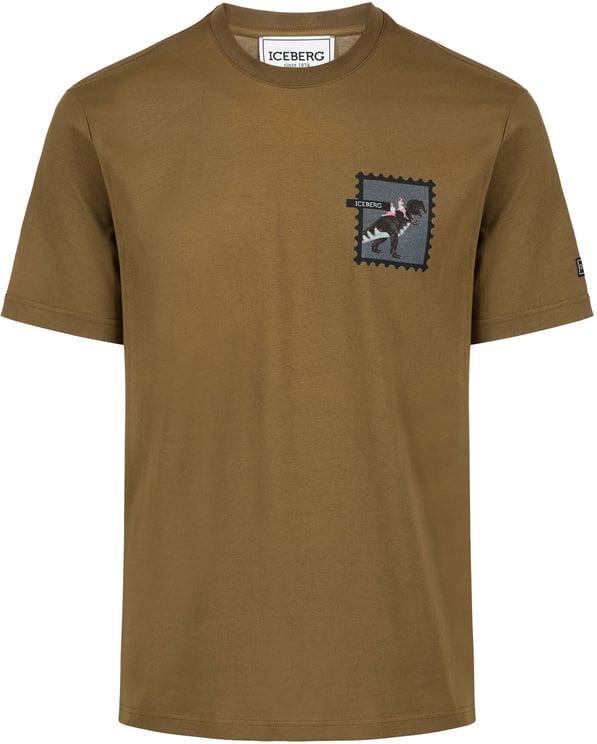 Iceberg Regular fit khaki cotton jersey T-shirt with dinosaur print