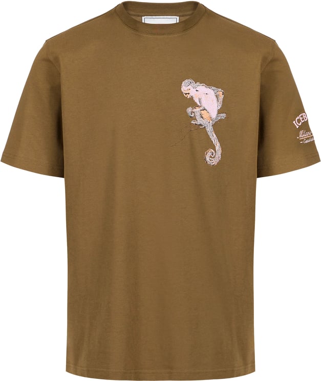 Iceberg Regular fit khaki cotton jersey T-shirt with Monkey embroidery