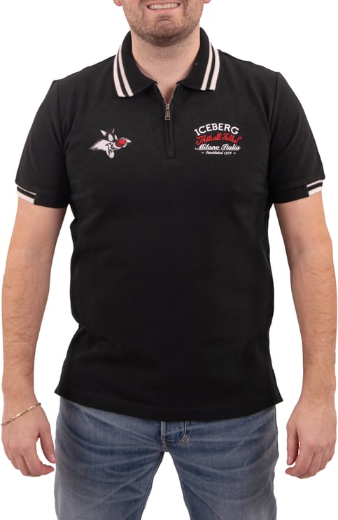 Iceberg Regular fit black short-sleeved polo shirt in cotton piquet with Looney Tunes