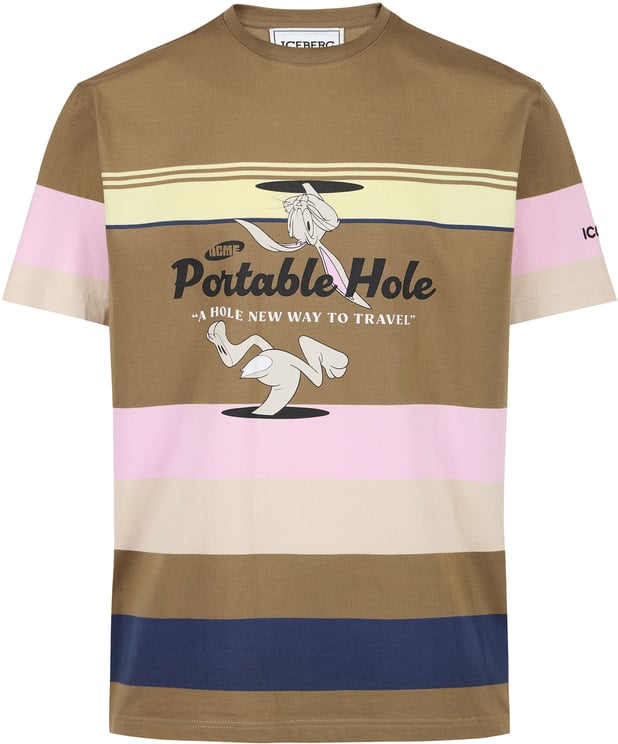 Iceberg Green background striped cotton jersey T-shirt in a relaxed fit with Portable Hole print