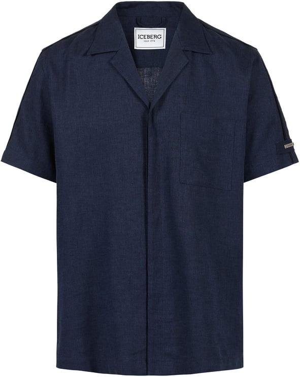 Iceberg Regular fit dark blue short-sleeved shirt in a diagonal weave linen-blend fabric