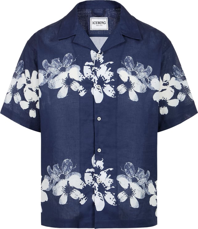 Iceberg Relaxed fit blue linen and cotton blend shirt with Hawaiian print