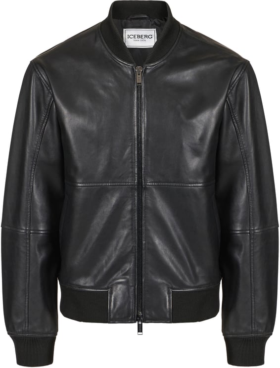 Iceberg Blue and black leather jacket with dinosaur embroidery