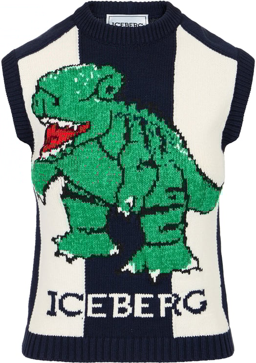 Iceberg Multicolor sleeveless cotton-blend crew neck sweater with dragon inlay