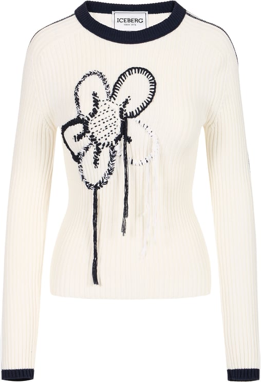 Iceberg Ribbed cotton cream crew neck sweater with floral embroidery