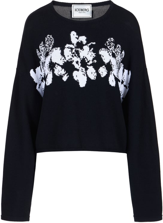 Iceberg Oversized fit classic blue cotton crew neck sweater with floral inlay