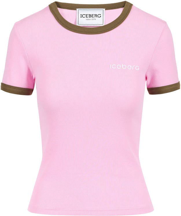 Iceberg Pink ribbed jersey slim fit T-shirt with Iceberg print