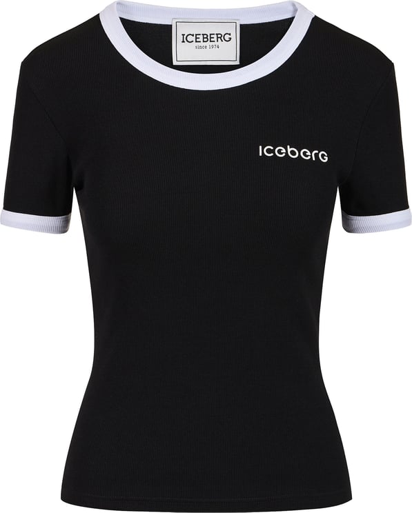 Iceberg Black ribbed jersey slim fit T-shirt with Iceberg print