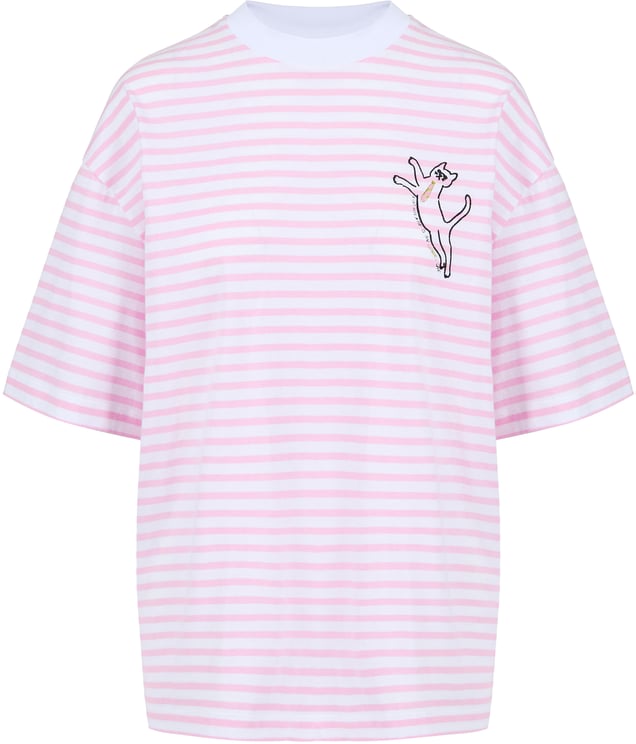 Iceberg White and pink striped, relaxed fit cotton jersey T-shirt, with cat print