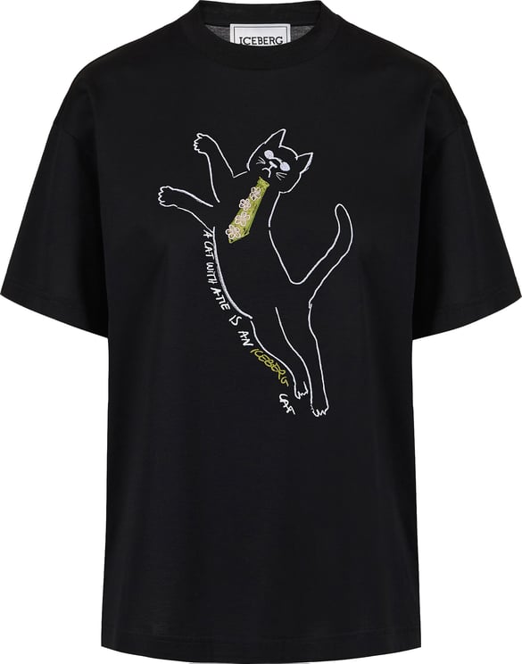 Iceberg Regular fit black T-shirt in sustainable cotton jersey with embroidered cat print