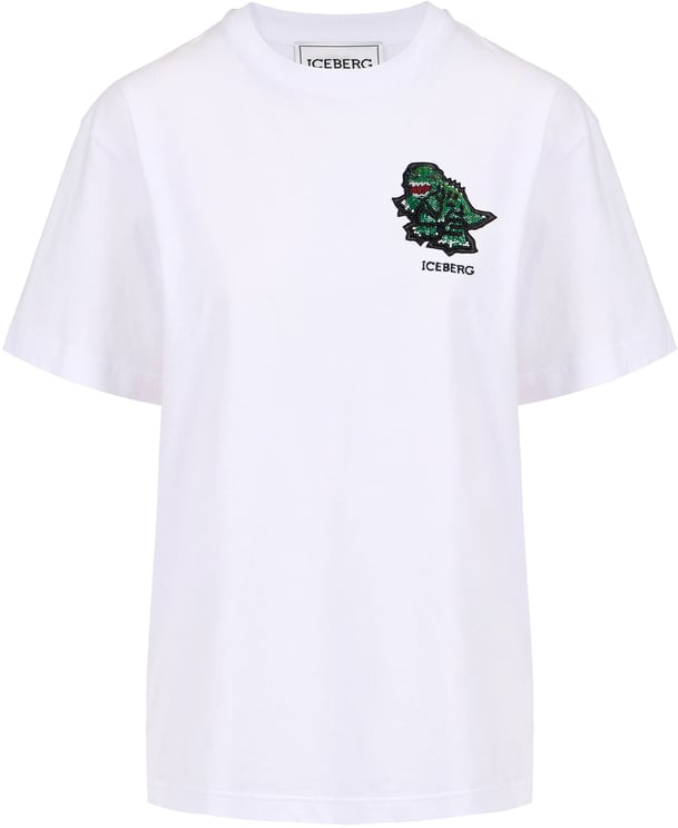 Iceberg Regular fit optic white cotton jersey T-shirt with dinosaur patch