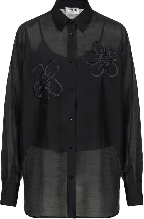 Iceberg Oversized fit black muslin shirt with floral embroidery