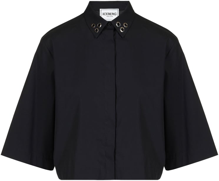 Iceberg Cropped fit short-sleeved black shirt in cotton poplin