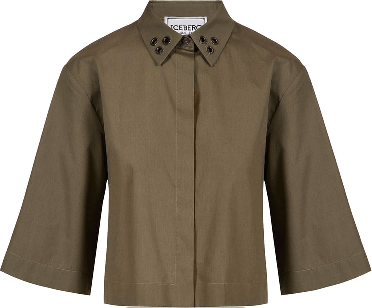 Iceberg Cropped fit short-sleeved khaki shirt in cotton poplin