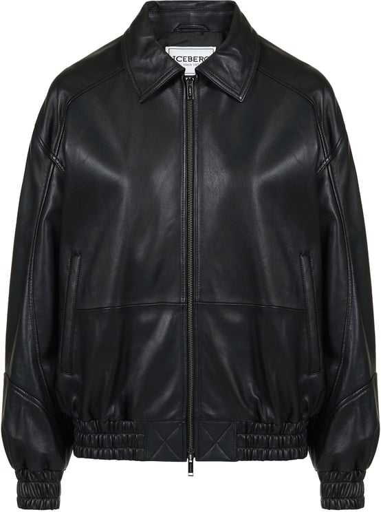Iceberg Black leather bomber short jacket