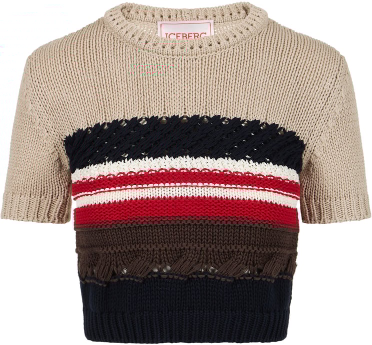 Iceberg Short-sleeved cotton crew neck sweater, in a multicolored pattern
