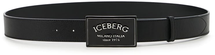 Iceberg Black, smooth leather belt with laminated logoed buckle