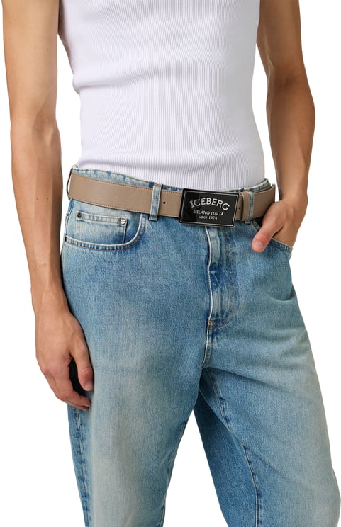 Iceberg Medium gray smooth leather belt with laminated logoed buckle