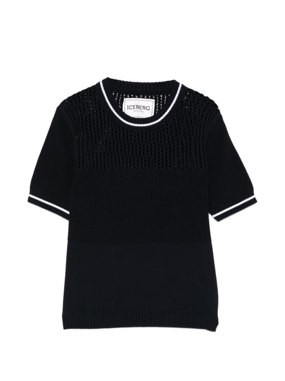 Iceberg Black Openwork Knit Crew Neck Sweater
