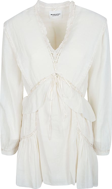 Isabel Marant Ecru Mini Dress with Lace Trims and Ruffled Hem