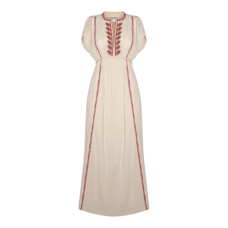 Isabel Marant Maxi Dress with Vertical Red Embroidery and Puffed Sleeves