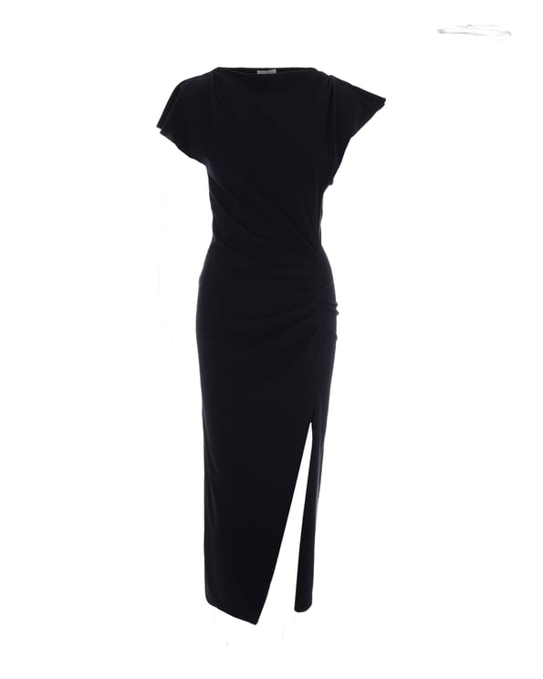 Isabel Marant Long Draped Black Jersey Dress with Structured Shoulders
