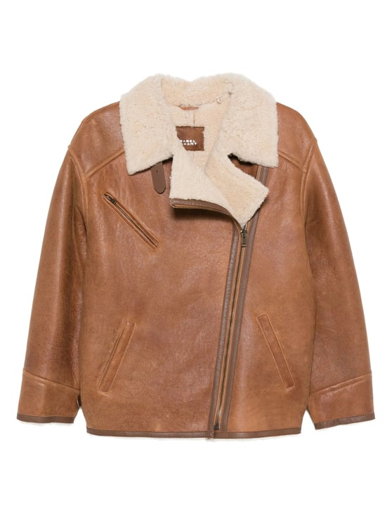 Isabel Marant Boxy Brown Leather Coat With Plush Shearling Collar