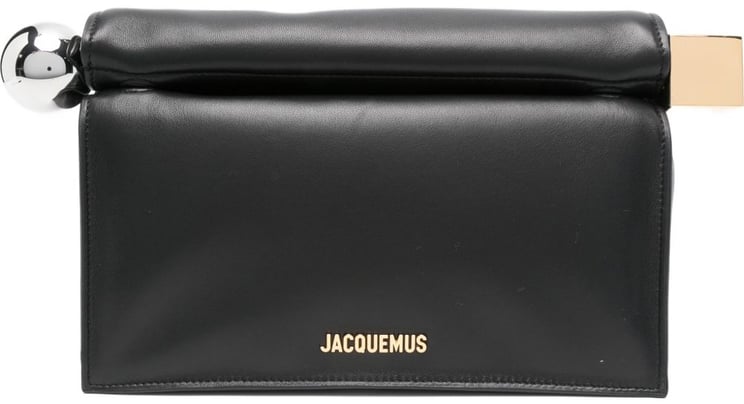 Jacquemus Folded Black Nappa Leather Clutch with Metal Closure Ends