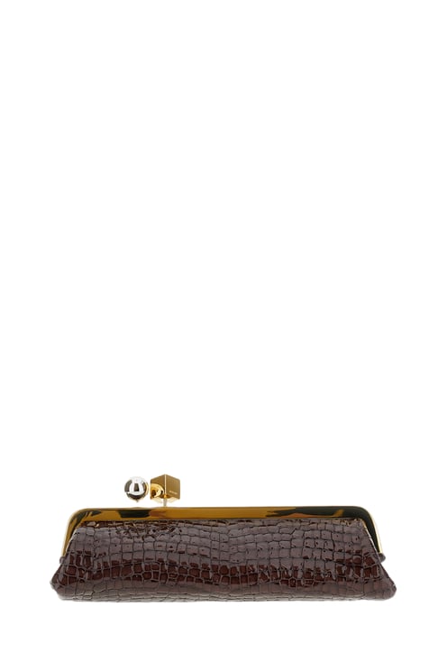 Jacquemus Crocodile-Embossed Leather Elongated Pouch Bag with Geometric Hardware