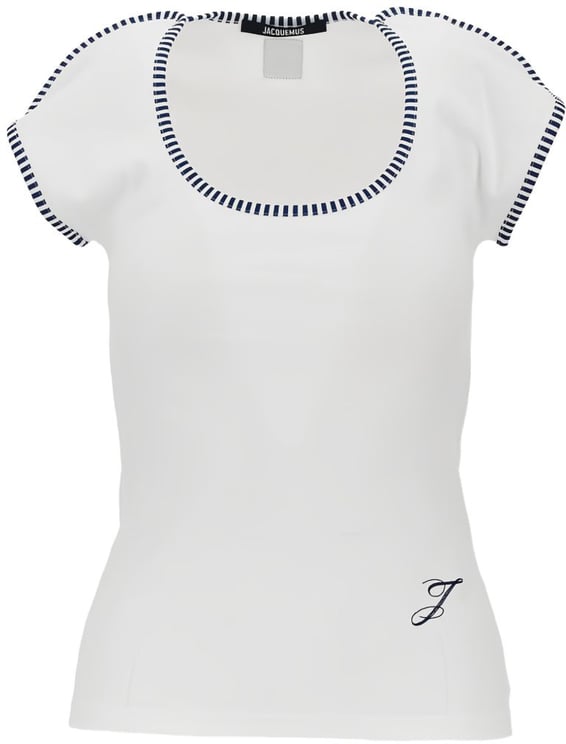 Jacquemus White Striped Trim Fitted Short-Sleeved Top