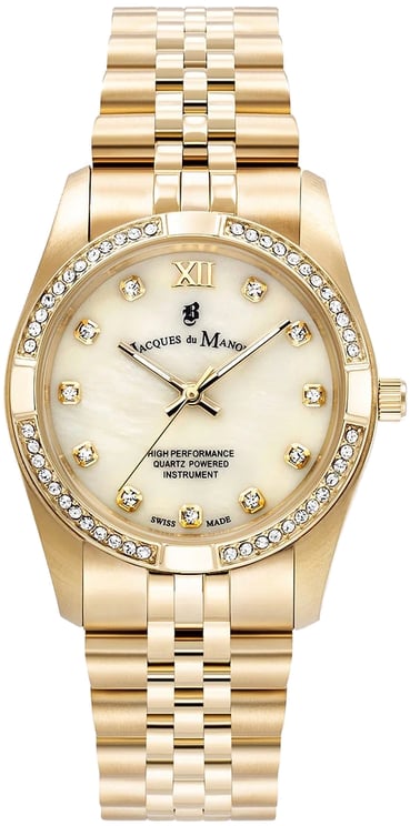 Jacques du Manoir Jacques du Manoir Horloge JWL02003 Staal met Geelgouden Plating Quartz Geel Mother of Pear en Zirkonia Stenen 34mm