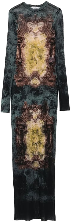 Jean Paul Gaultier Mesh Long Dress Printed "médaillon" Black/vintageblue/green