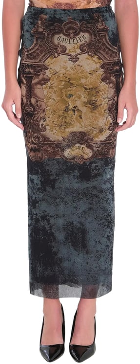 Jean Paul Gaultier Mesh Long Skirt Printed "médaillon" Black/vintageblue/green