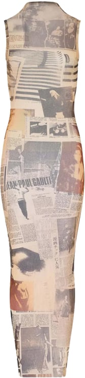 Jean Paul Gaultier Mesh High Neck Open Back Long Dress Printed Journal Ecru/lightgrey/red