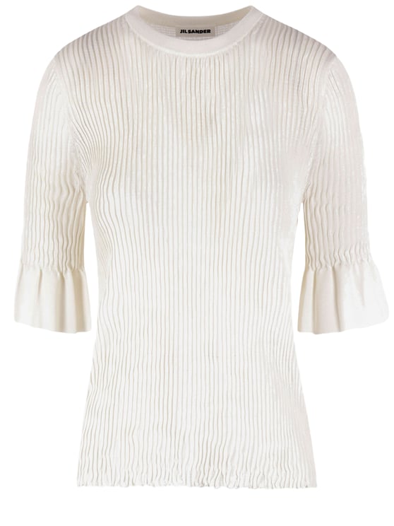 Jil Sander Ribbed Knit Top with Ruffled Sleeves