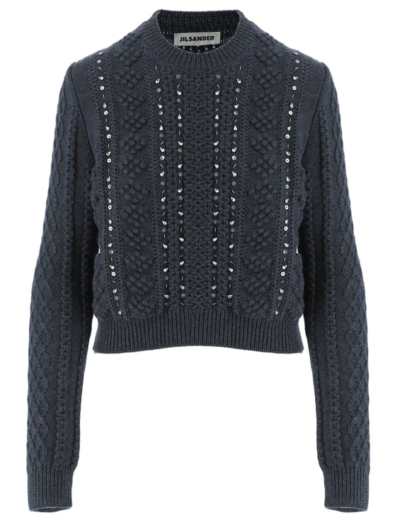 Jil Sander Embellished Dark Blue Wool Knit Sweater