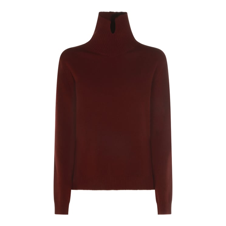 Jil Sander Red Wool Knit Sweater With High Ribbed Collar And Textured Detailing