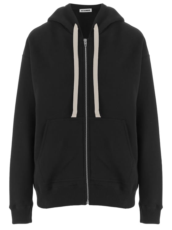 Jil Sander Full-Zip Black Cotton Hoodie With Vertical Logo Print