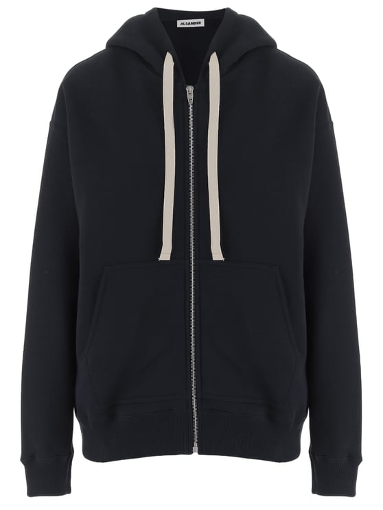 Jil Sander Navy Cotton Hoodie with Front Zip and Vertical Logo