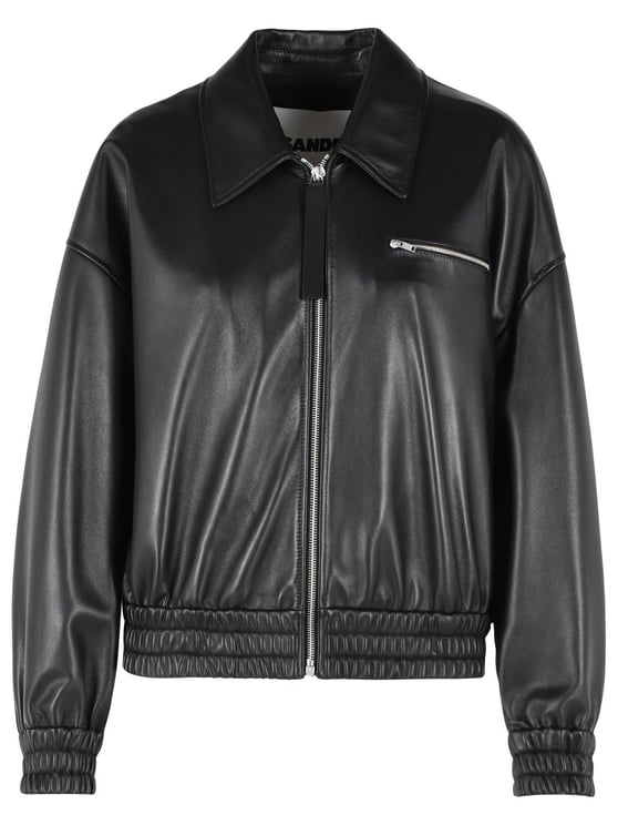 Jil Sander Black Leather Bomber Jacket