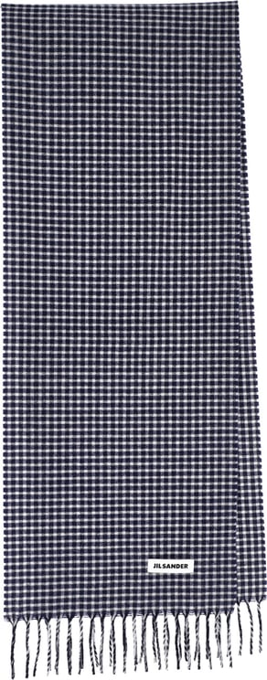 Jil Sander Blue Check Virgin Wool Fringed Scarf