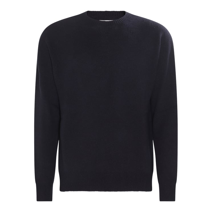 Jil Sander Round Neck Blue Cashmere Jumper With Ribbed Detailing
