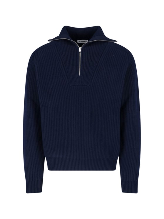 Jil Sander Half-Zip Ribbed Knit Sweater with Wide Collar