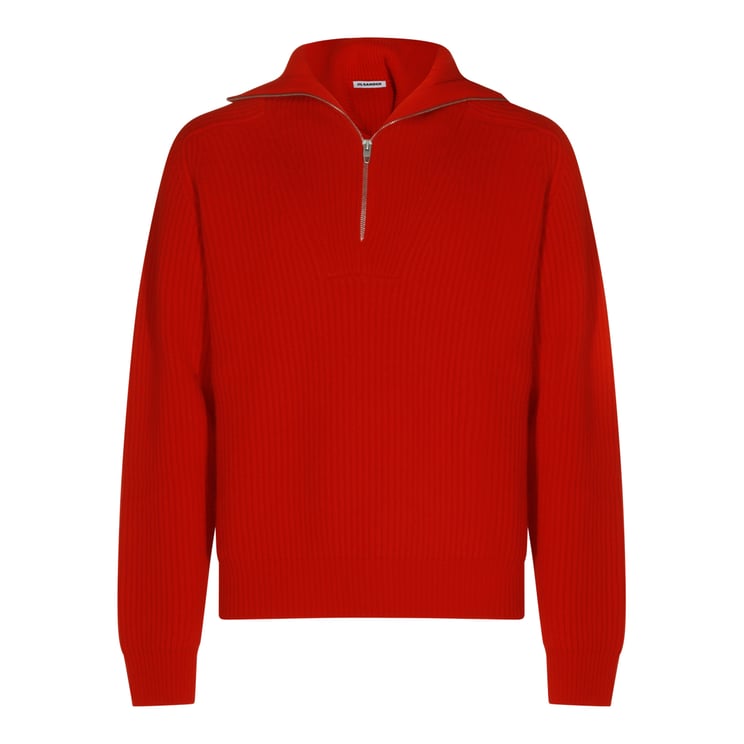 Jil Sander Red Wool Knit Sweater With High Zipped Collar And Ribbed Details