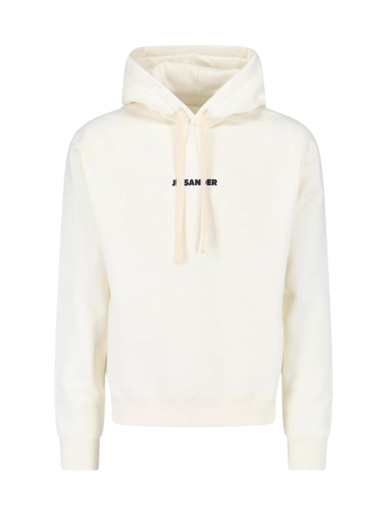 Jil Sander White Cropped Contrast Logo Cotton Hoodie