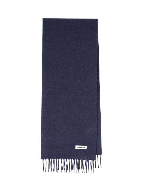 Jil Sander Rectangular Navy Blue Virgin Wool Scarf with Logo Patch