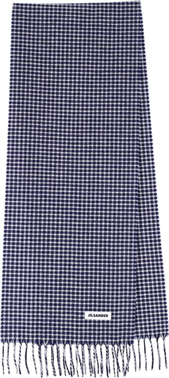 Jil Sander Blue Check Virgin Wool Fringed Scarf