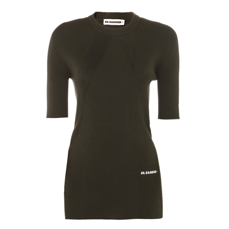 Jil Sander Minimalist Black Cotton Knit Sweater With Ribbed Texture And Logo Patch