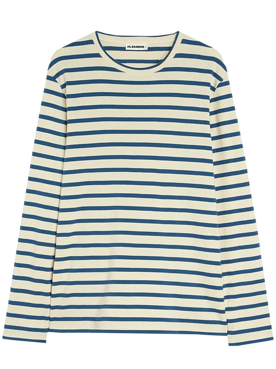 Jil Sander Cream/Blue Stripe Long-Sleeve Cotton Top