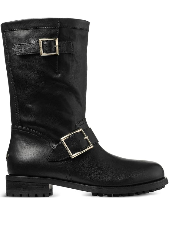 Jimmy Choo Mid-Height Black Leather Biker Boots with Adjustable Straps